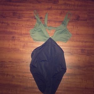 Olive green and black cut out one piece swimsuit